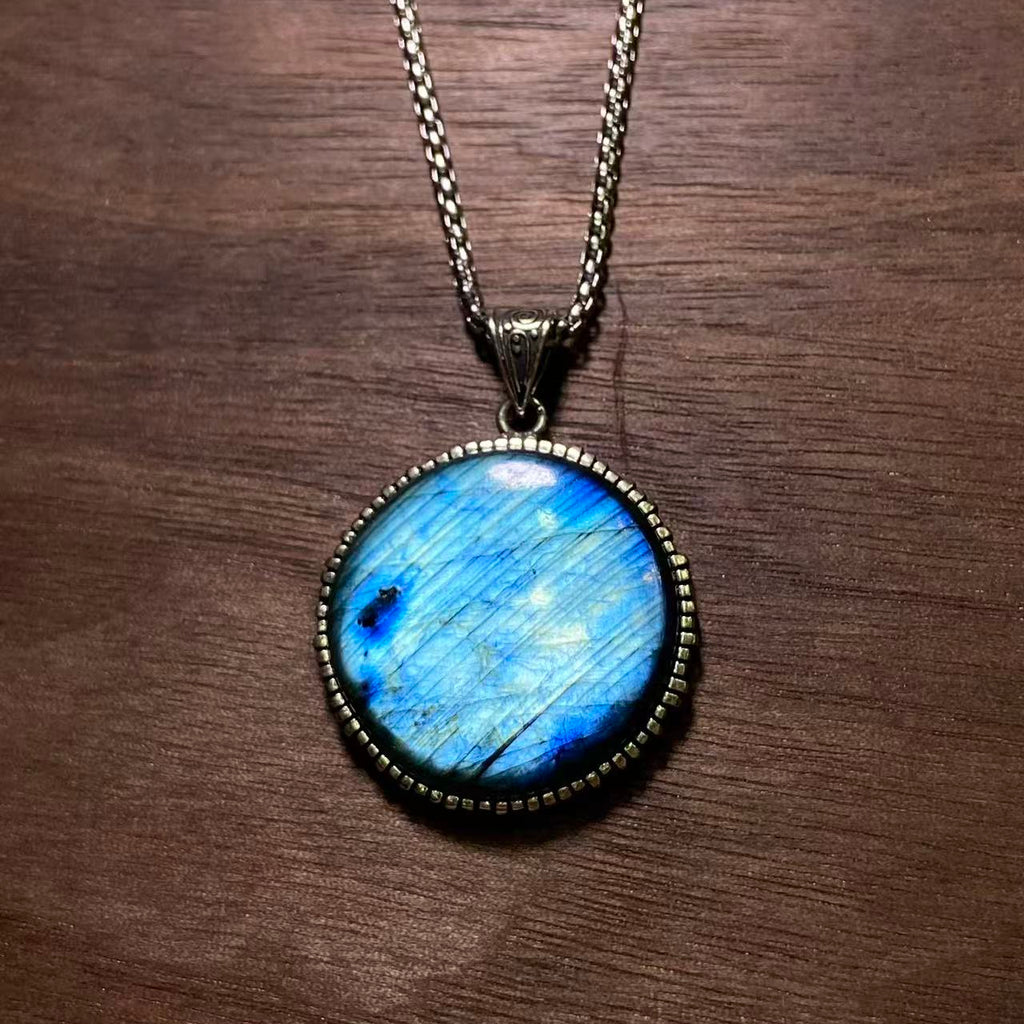 Handmade Labradorite Pendant – Natural Crystal Vintage Necklace（size 30mm)